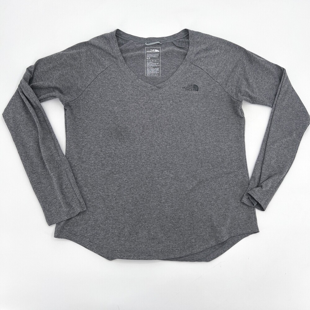North Face Shirt Womens Small Gray V-Neck Long Sleeve Pullover Outdoor Hiking